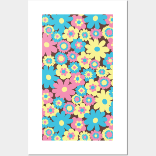 80s pastel retro flowers, pastel pink, pastel blue, pastel yellow, 60s retro pattern, groovy florals Posters and Art